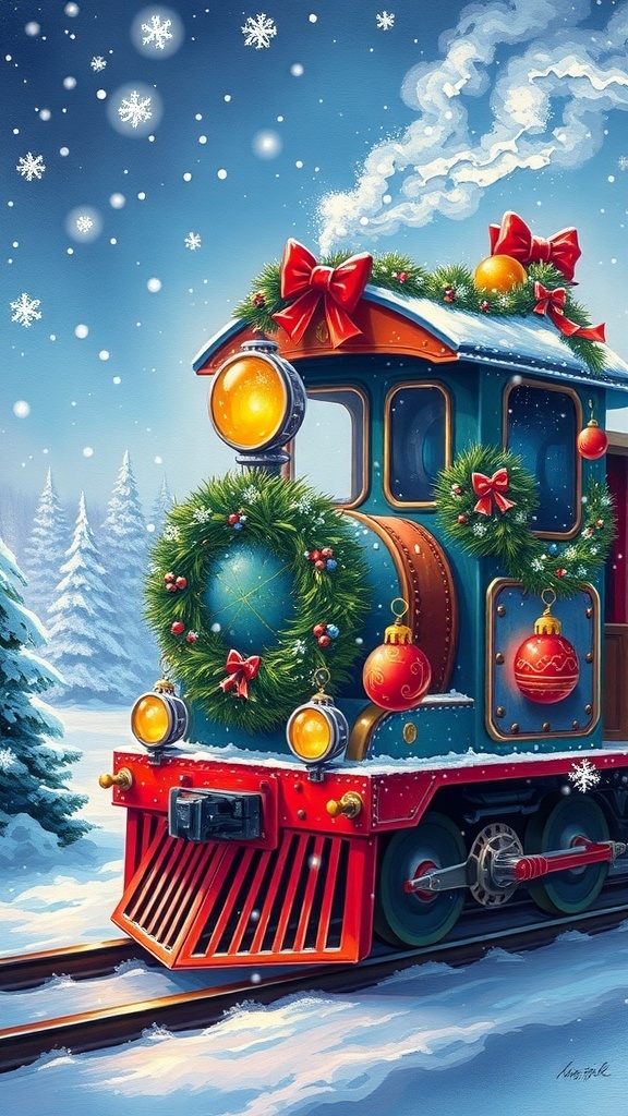 Christmas Train Painting Recipe A colorful Christmas train painting with decorations and snowflakes in a winter scene.